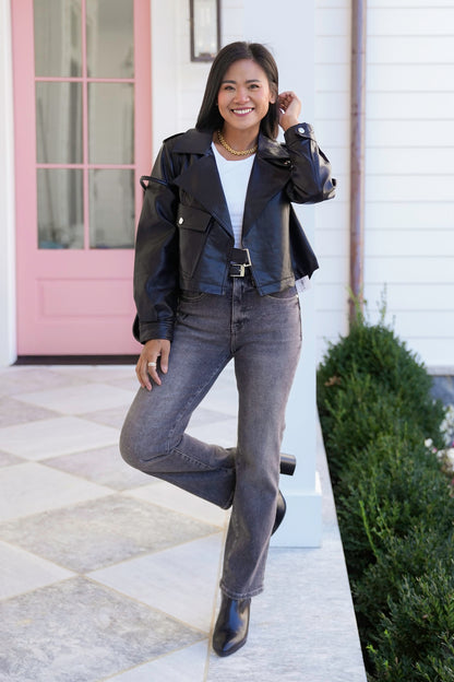 Black Vegan Leather Motto Jacket