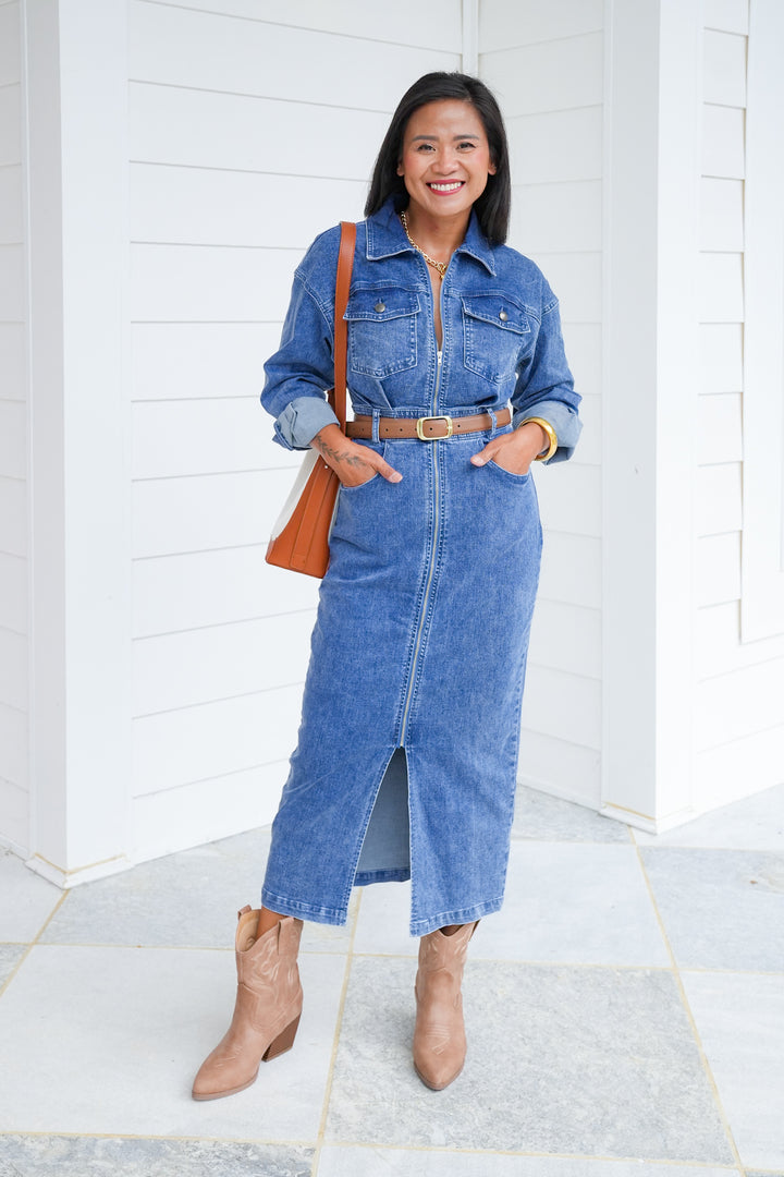Medium Wash Long Sleeve Zip-Up Utility Maxi Dress