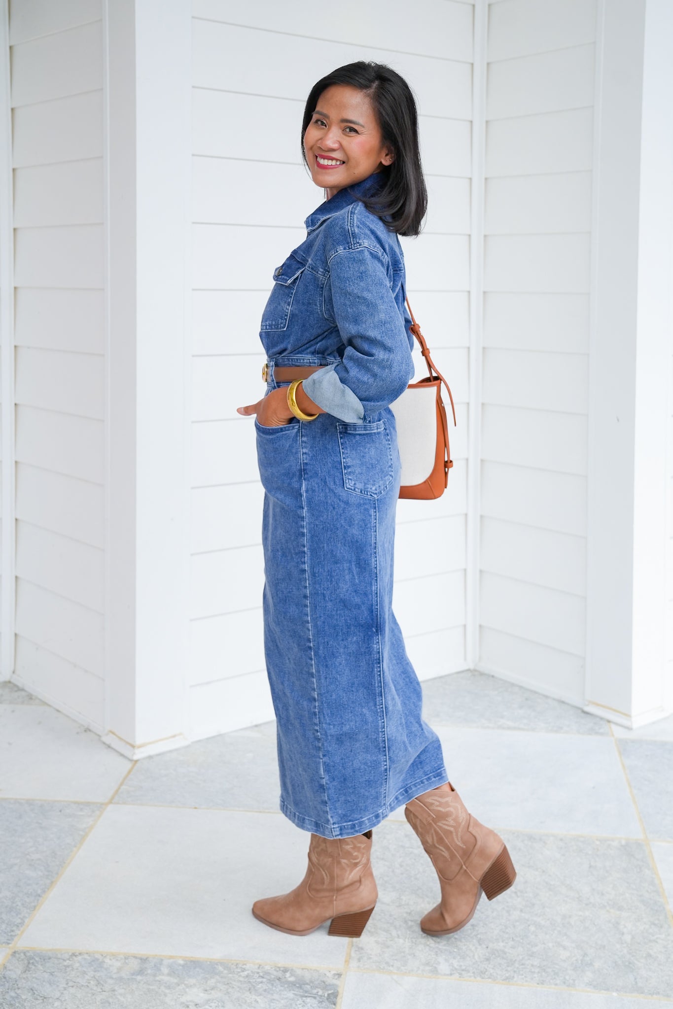 Medium Wash Long Sleeve Zip-Up Utility Maxi Dress