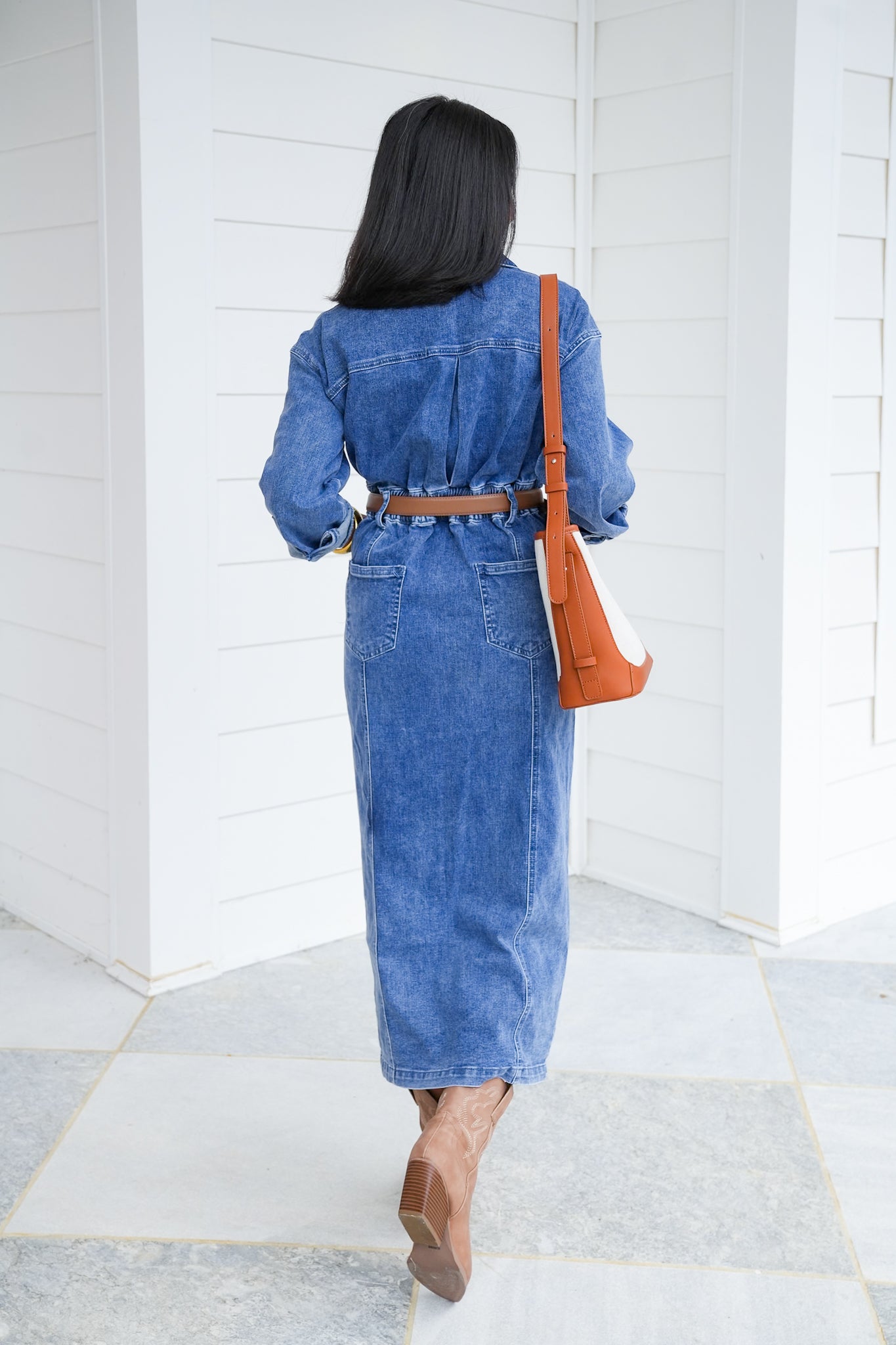 Medium Wash Long Sleeve Zip-Up Utility Maxi Dress