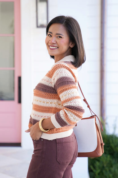 Stripe Crochet Long Sleeve Button Down Cardigan