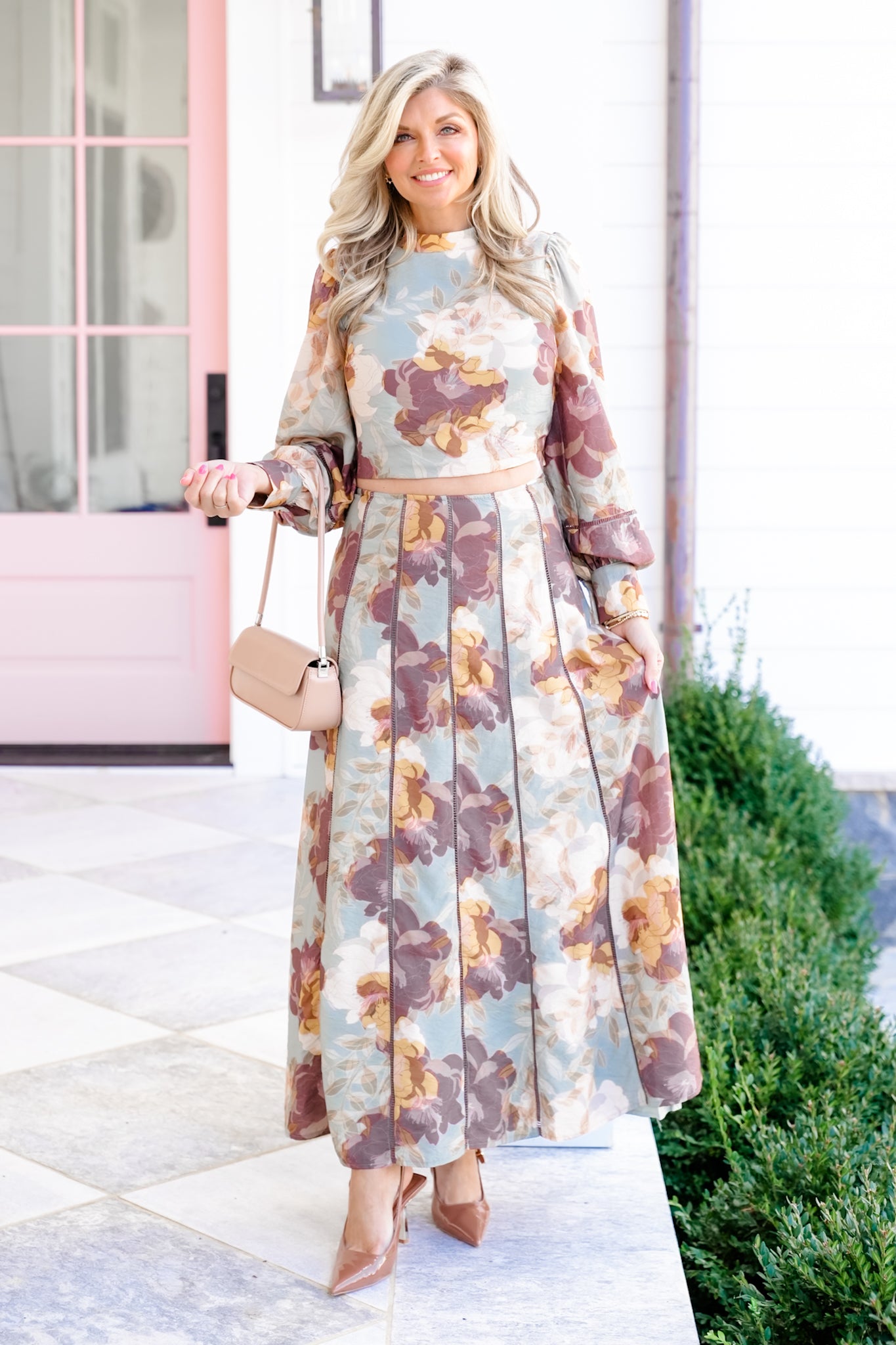 Floral Print Long Sleeve Cropped Blouse