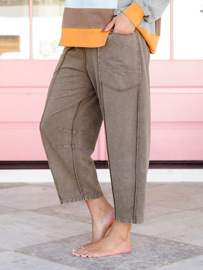 Mineral Wash Knit Elastic Waist Barrel Pants - Freckled Poppy