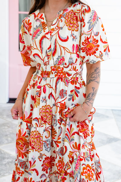 Plus/Reg Ivory Floral Short Sleeve Tiered Midi Dress