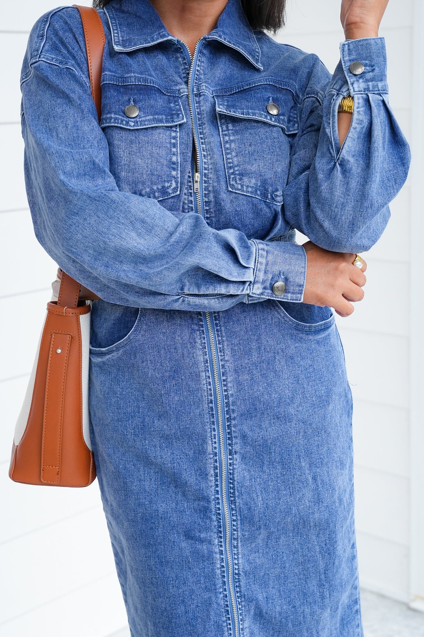 Medium Wash Long Sleeve Zip-Up Utility Maxi Dress