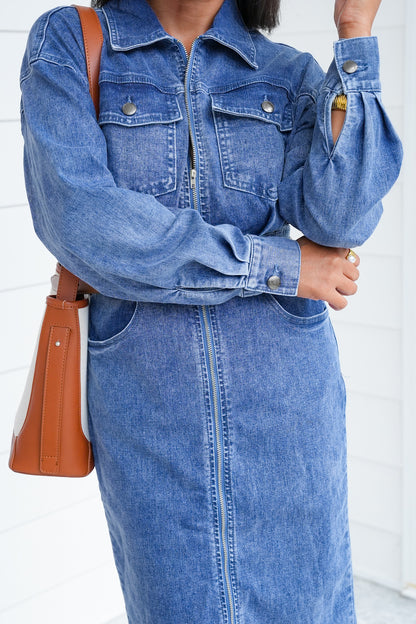Medium Wash Long Sleeve Zip-Up Utility Maxi Dress