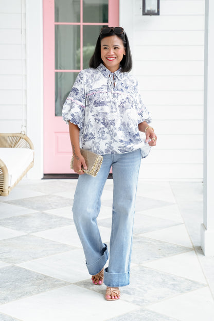 Plus/Reg Print Short Balloon Sleeve Top with Trim Detail