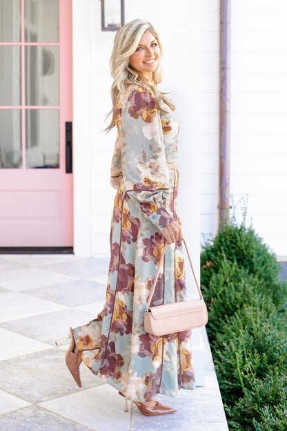 Floral Print Long Sleeve Cropped Blouse