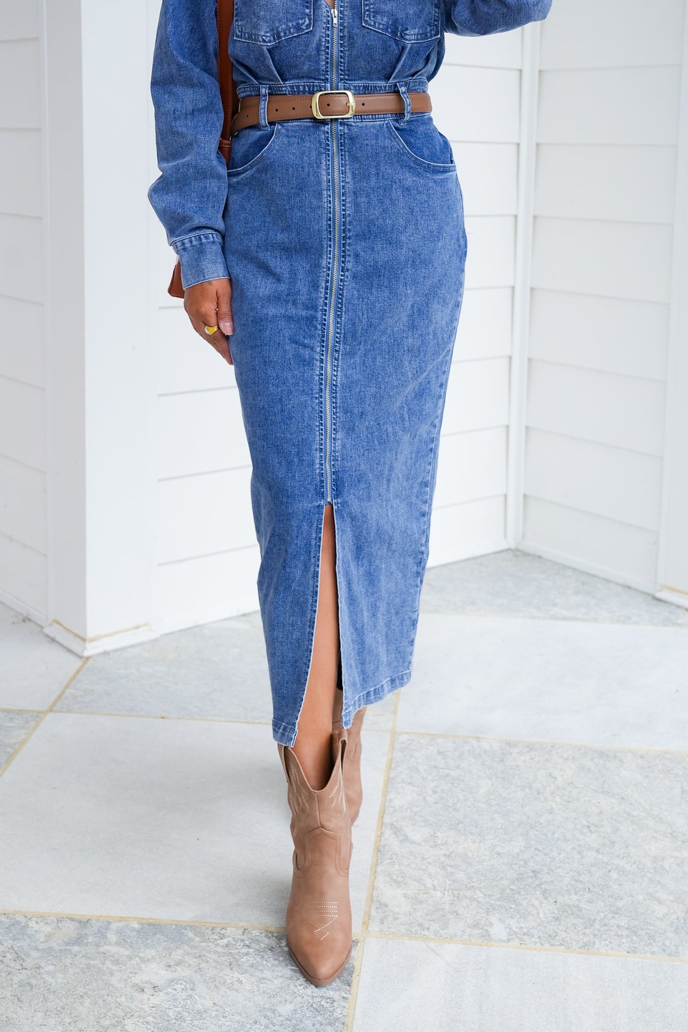 Medium Wash Long Sleeve Zip-Up Utility Maxi Dress