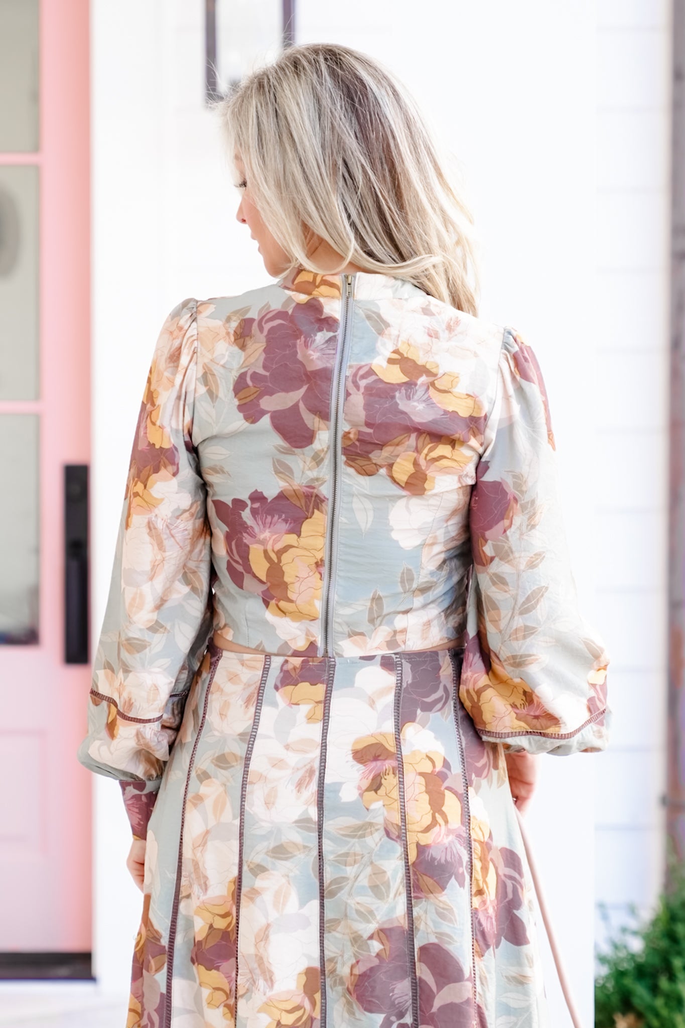 Floral Print Long Sleeve Cropped Blouse