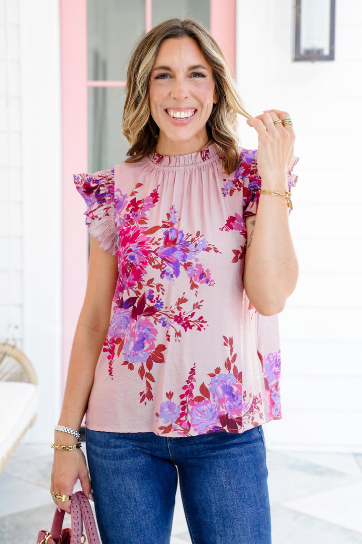 Plus/Reg Floral Print Short Flutter Sleeve Ruffle Neck Top