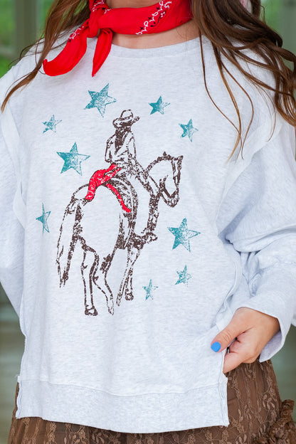 Horse and Rider Print Long Sleeve Pullover Top