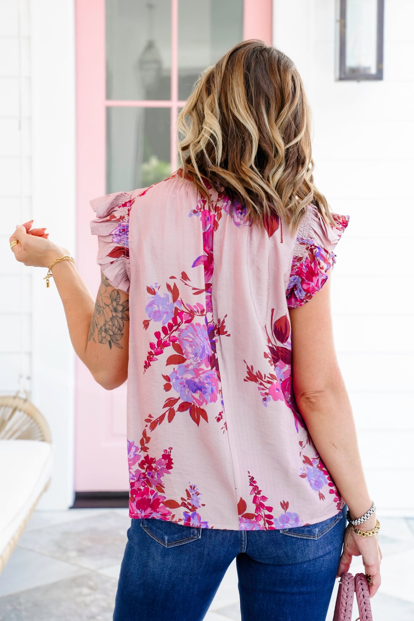 Plus/Reg Floral Print Short Flutter Sleeve Ruffle Neck Top