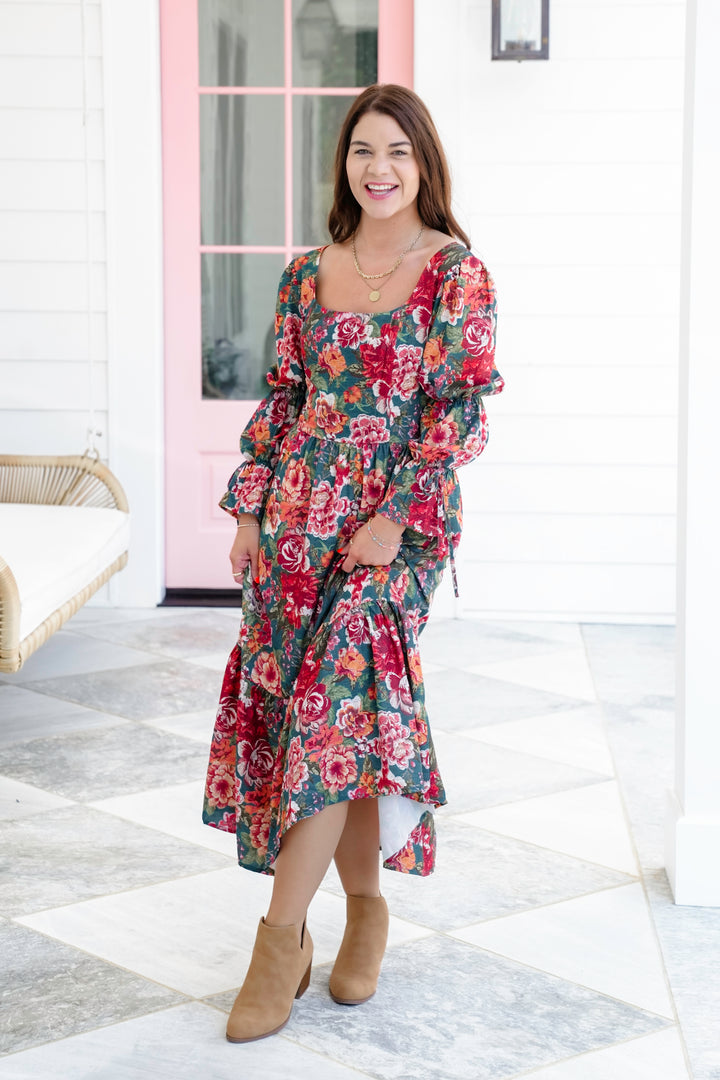 Plus/Reg Teal Floral 3/4 Sleeve Square Neck Midi Dress
