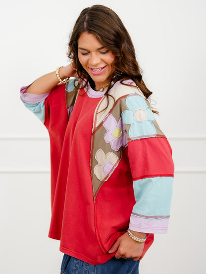 Long Sleeve Color Block Top with Floral Patches