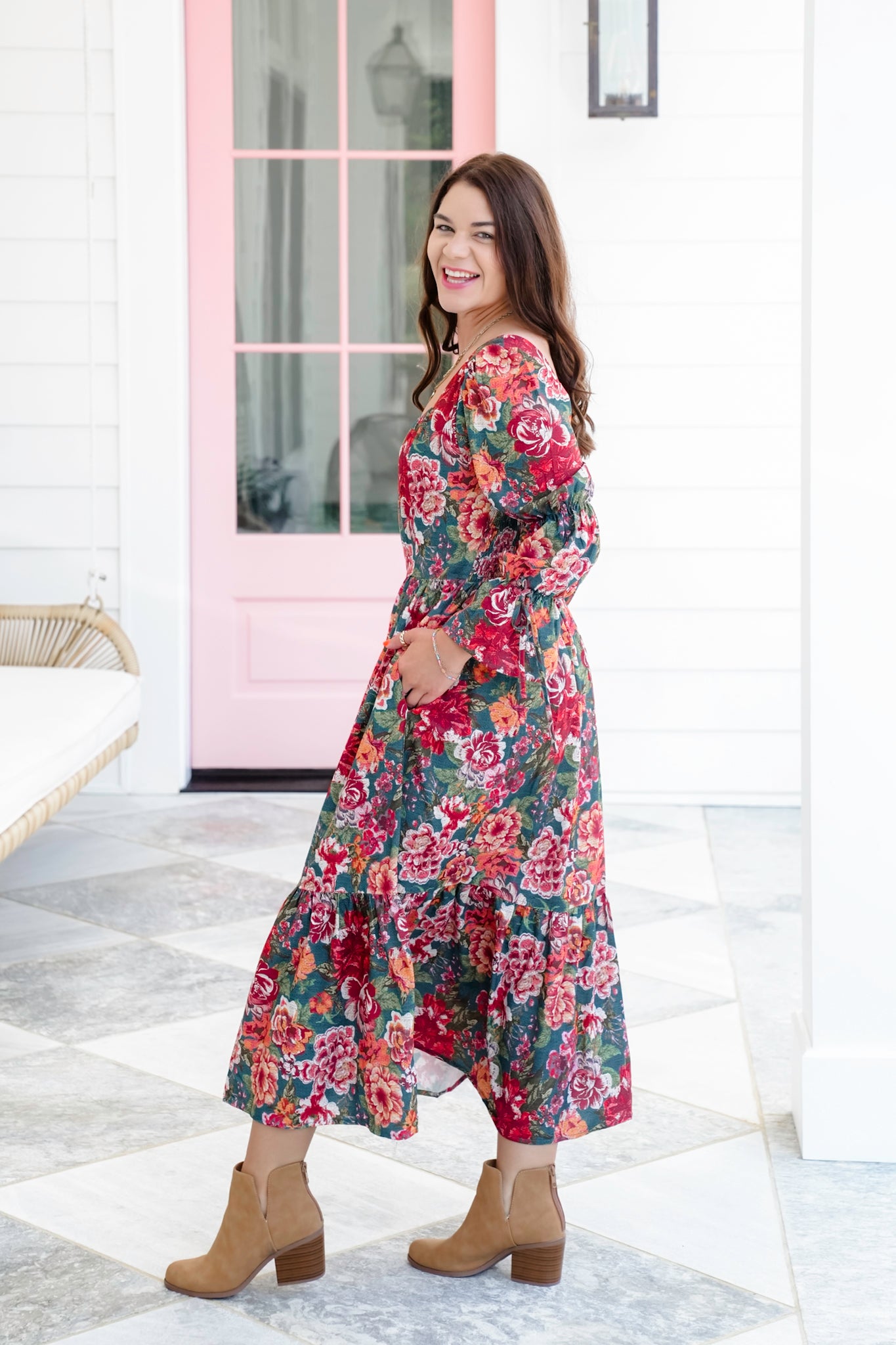 Plus/Reg Teal Floral 3/4 Sleeve Square Neck Midi Dress