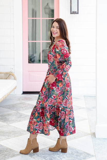 Plus/Reg Teal Floral 3/4 Sleeve Square Neck Midi Dress