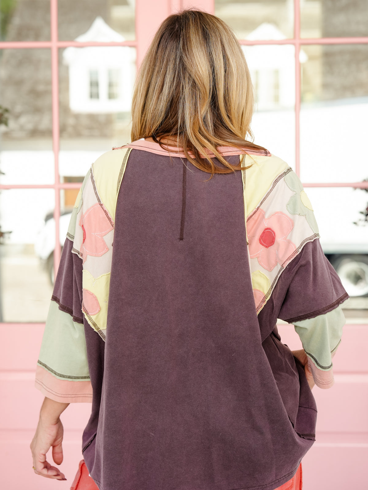 Color Block Short Sleeve Top with Floral Patch Detail - Freckled Poppy