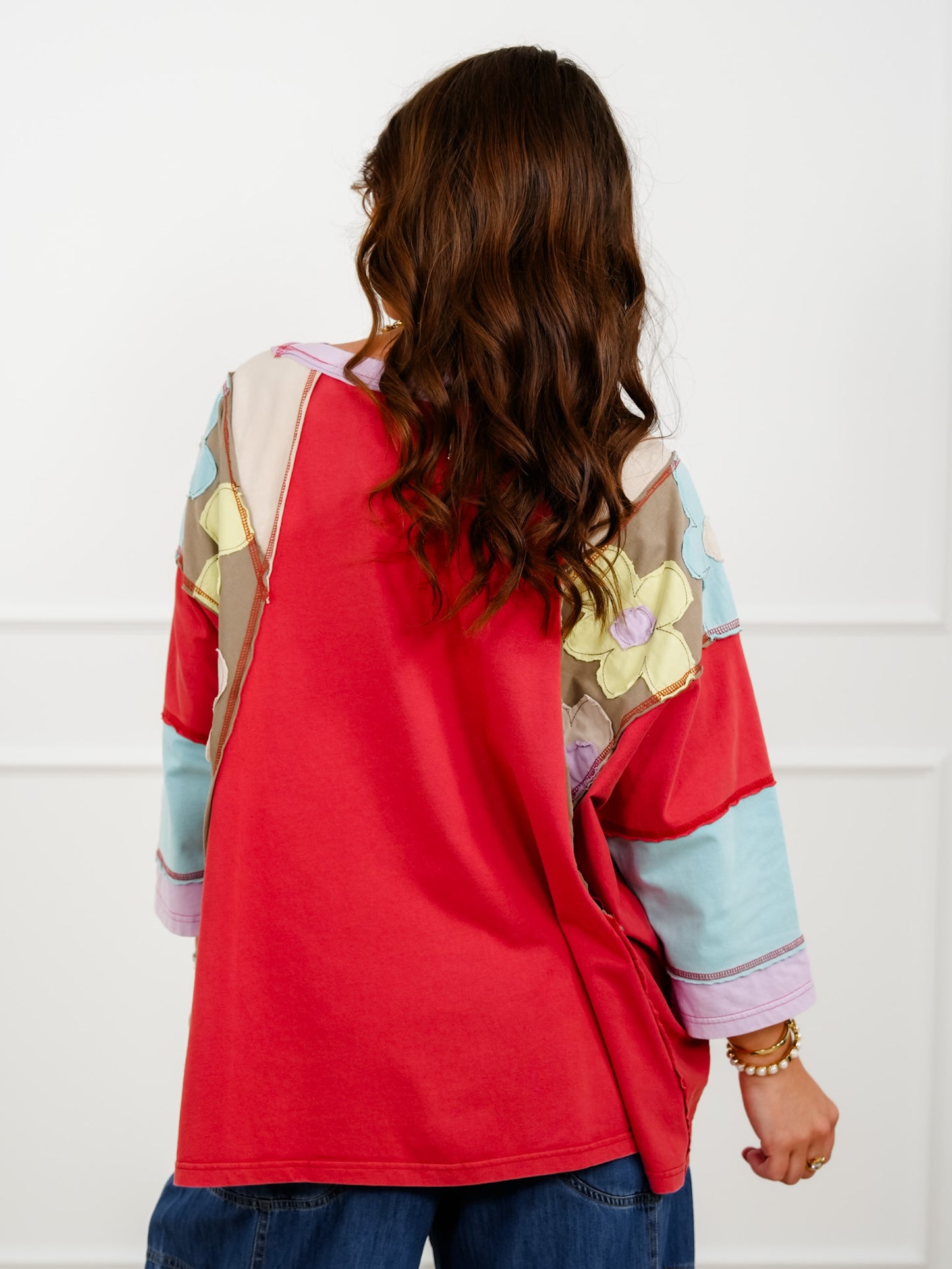 Long Sleeve Color Block Top with Floral Patches