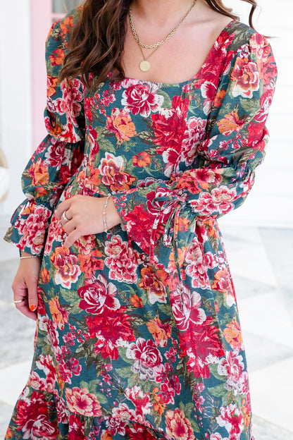 Plus/Reg Teal Floral 3/4 Sleeve Square Neck Midi Dress