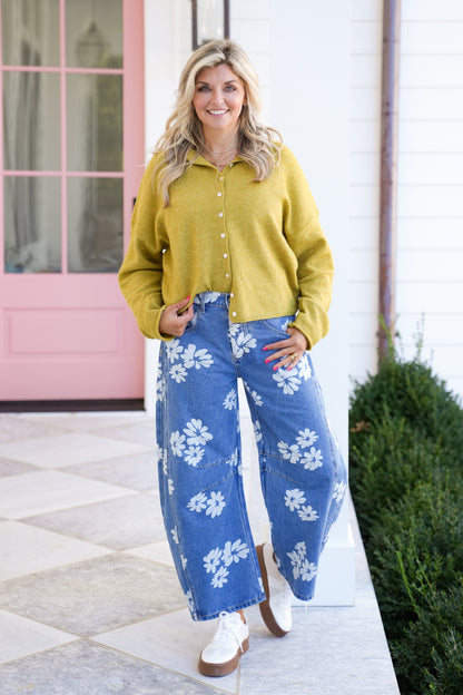 Floral Print Denim Barrel Pants