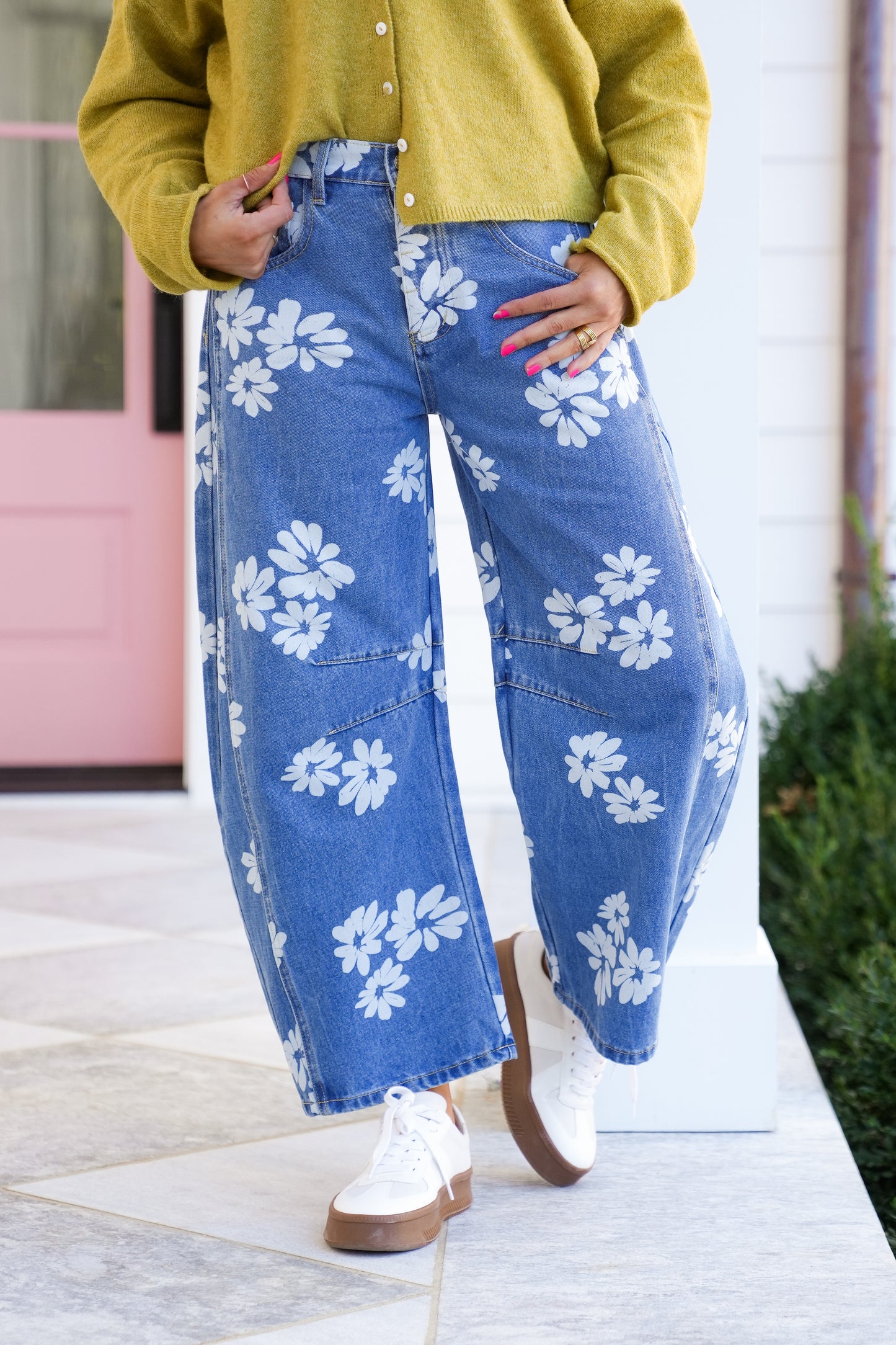 Floral Print Denim Barrel Pants