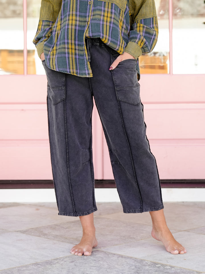 Mineral Wash Knit Elastic Waist Barrel Pants - Freckled Poppy
