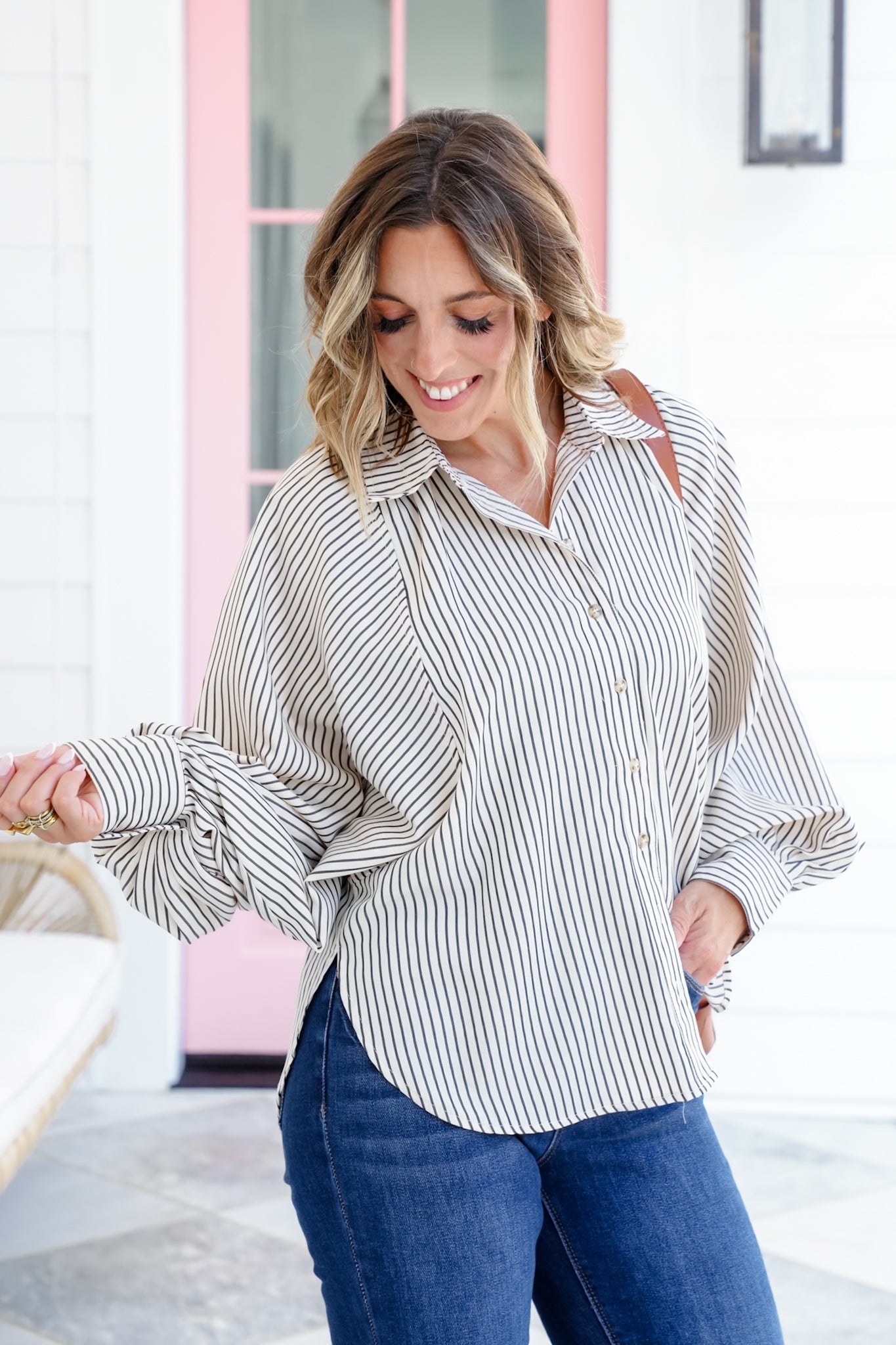 Stripe Long Raglan Sleeve Button Down Top