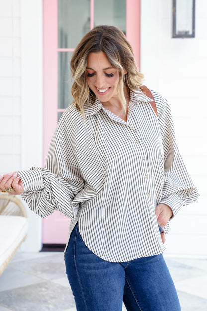 Stripe Long Raglan Sleeve Button Down Top