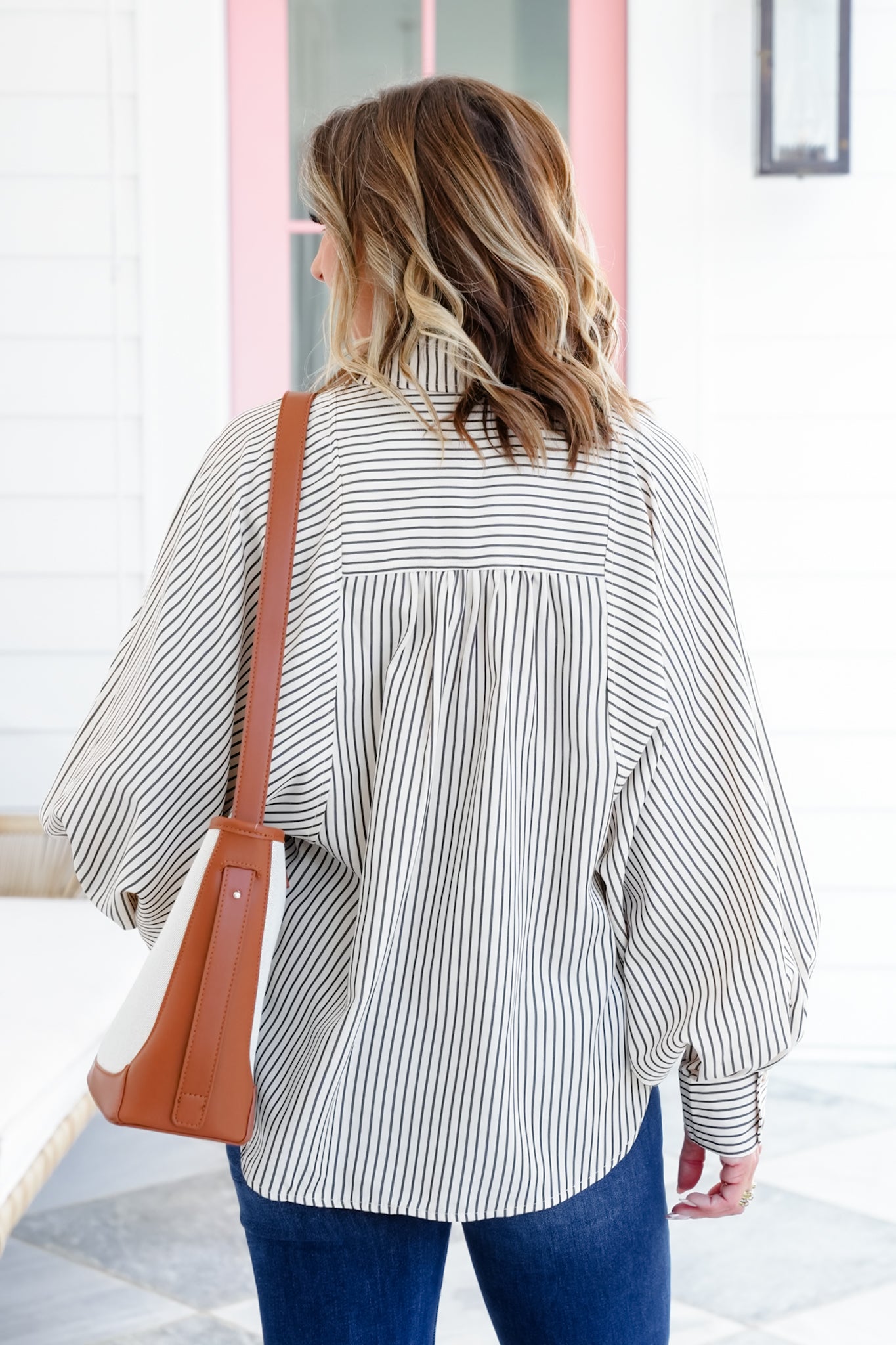 Stripe Long Raglan Sleeve Button Down Top