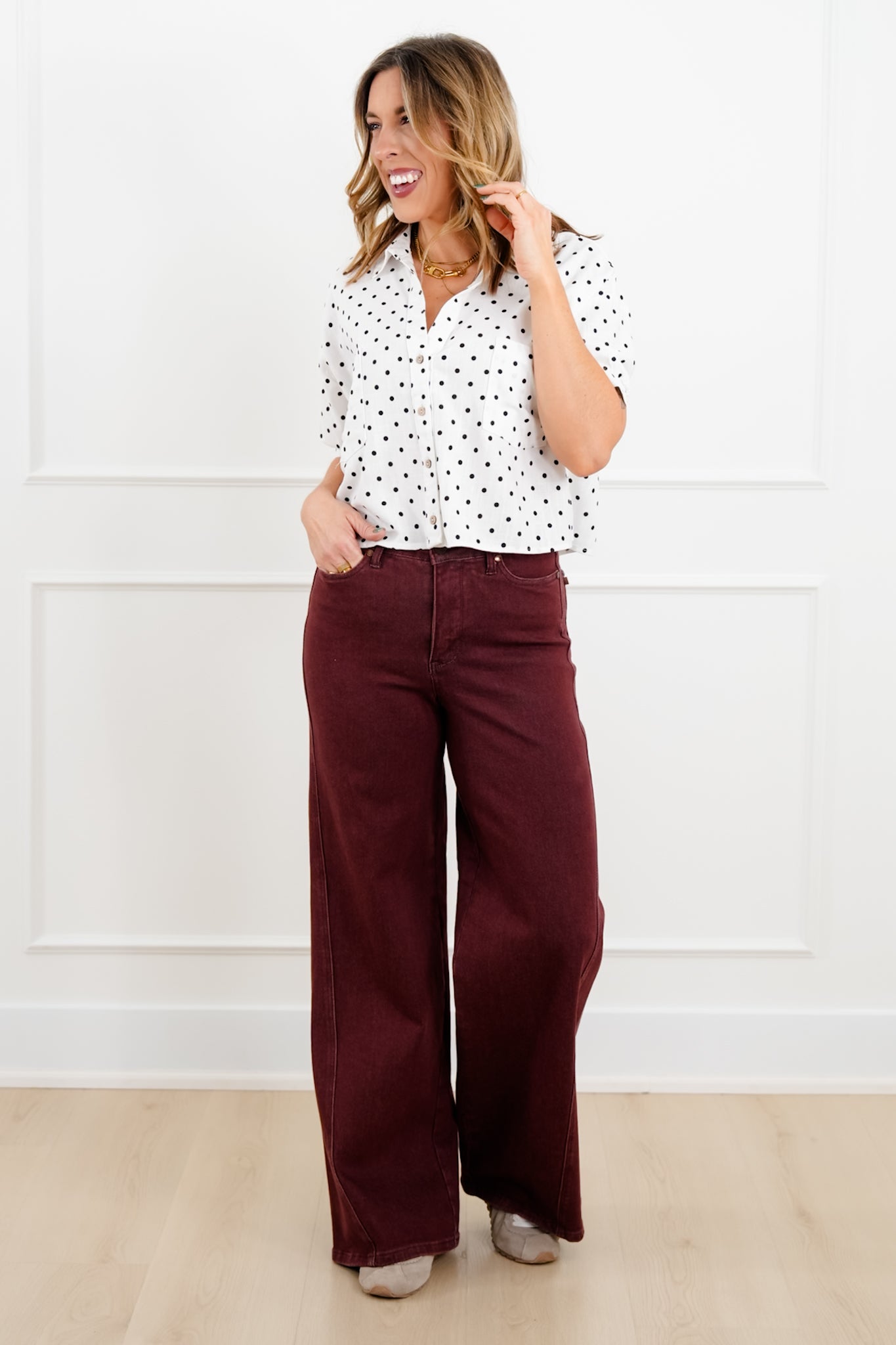 Short Sleeve Polka Dot Button Down Top