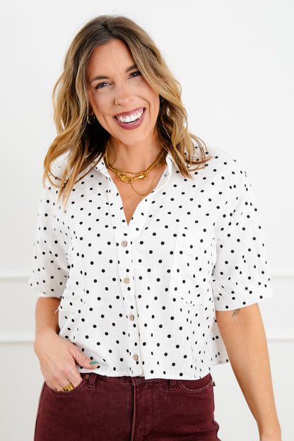 Short Sleeve Polka Dot Button Down Top
