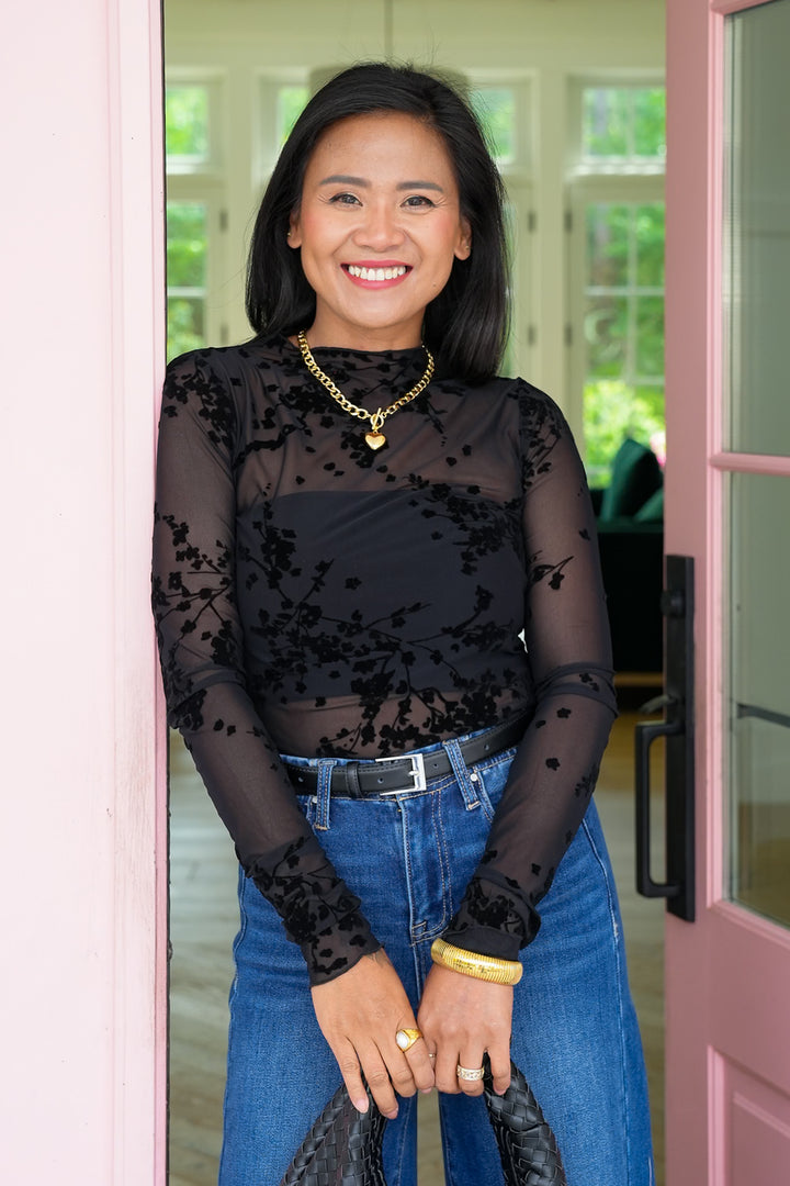 Black Floral Mesh Long Sleeve Mock Neck Top
