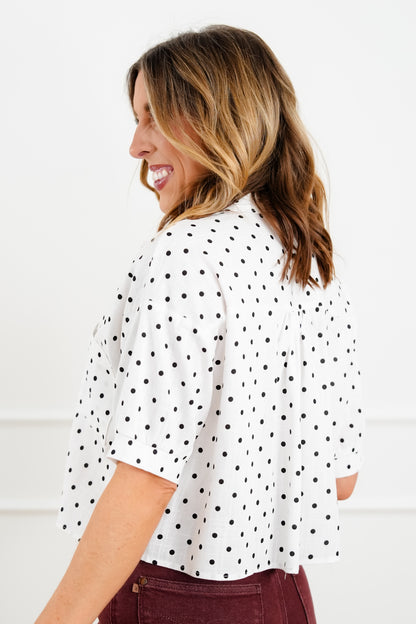 Short Sleeve Polka Dot Button Down Top