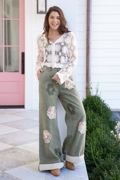 POL Wide Leg Pants with Patchwork