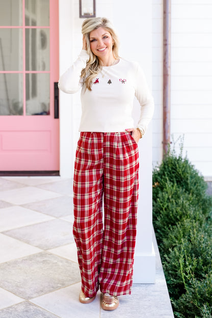 Ribbed Mint Long Sleeve Embroidered Christmas Trio Top