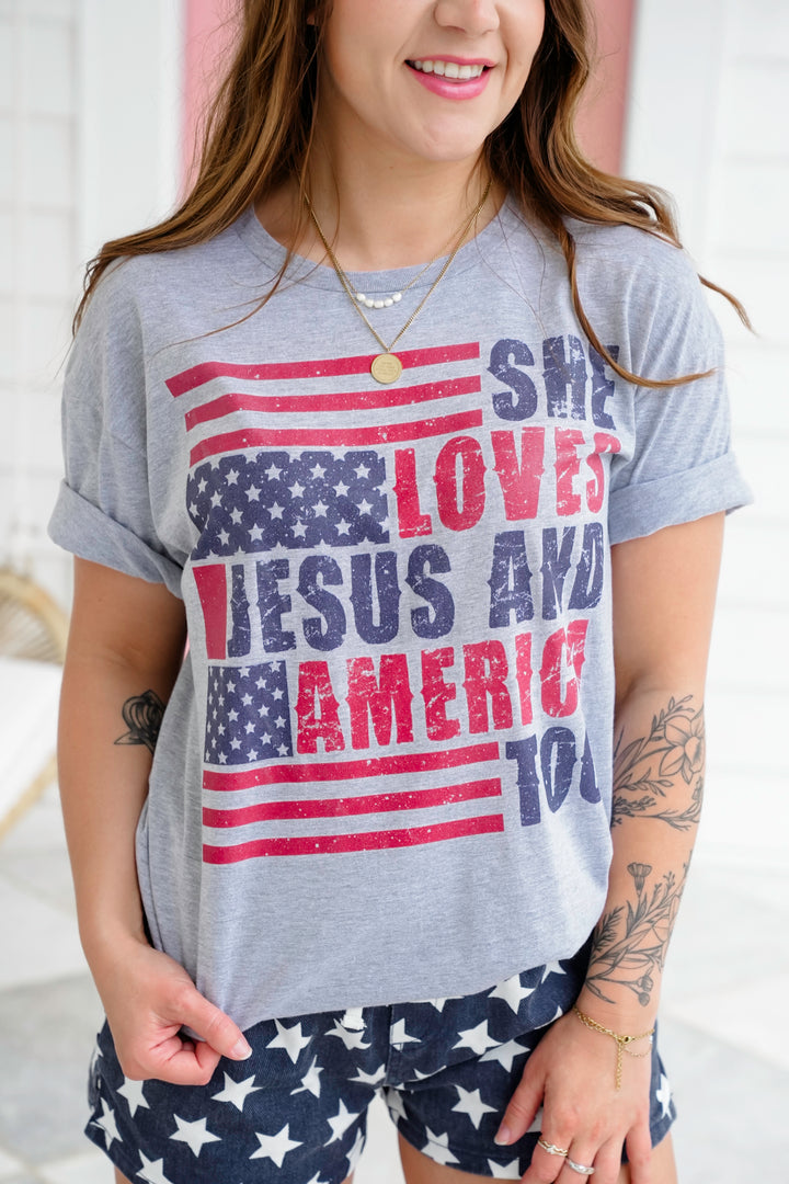 Plus/Reg Short Sleeve "She Loves Jesus and America Too" Graphic Tee