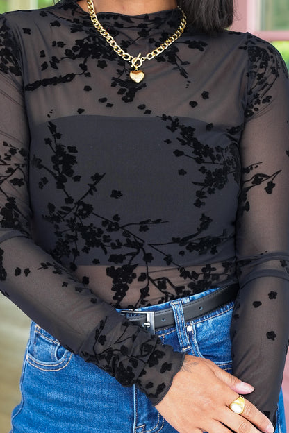 Black Floral Mesh Long Sleeve Mock Neck Top