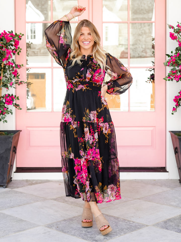 Plus/Reg Floral Chiffon Surplice Neck Long Puff Sleeve Midi Dress - Freckled Poppy