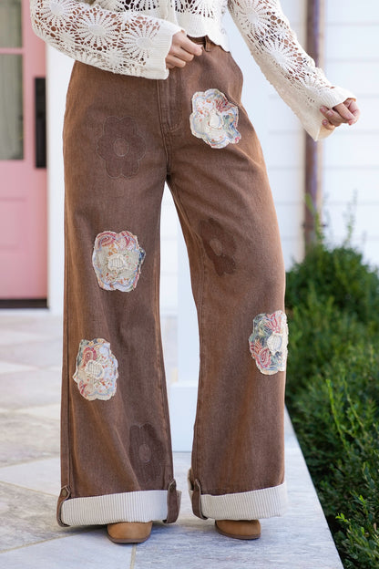 POL Wide Leg Pants with Patchwork