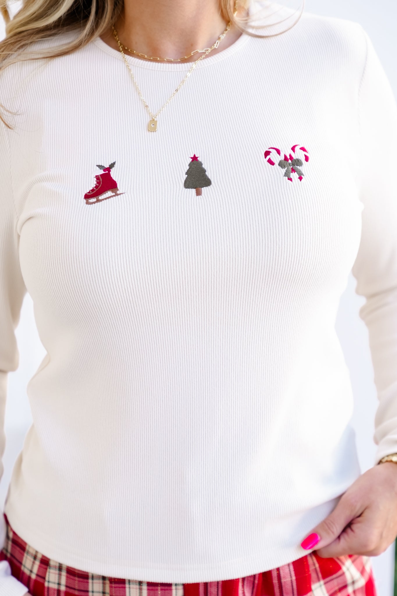 Ribbed Mint Long Sleeve Embroidered Christmas Trio Top