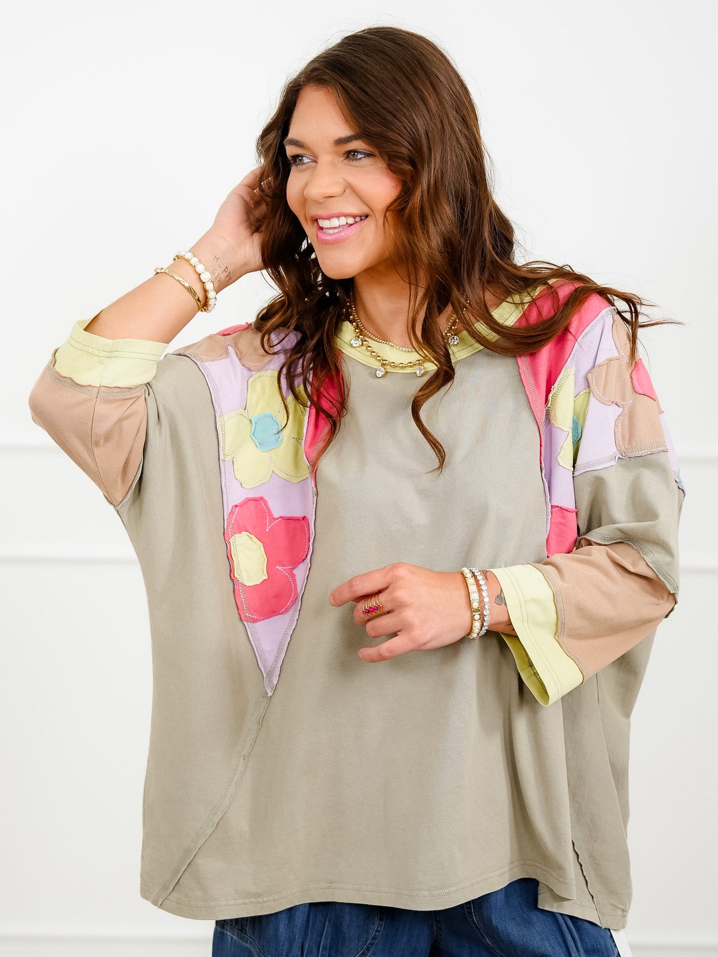 Long Sleeve Color Block Top with Floral Patches