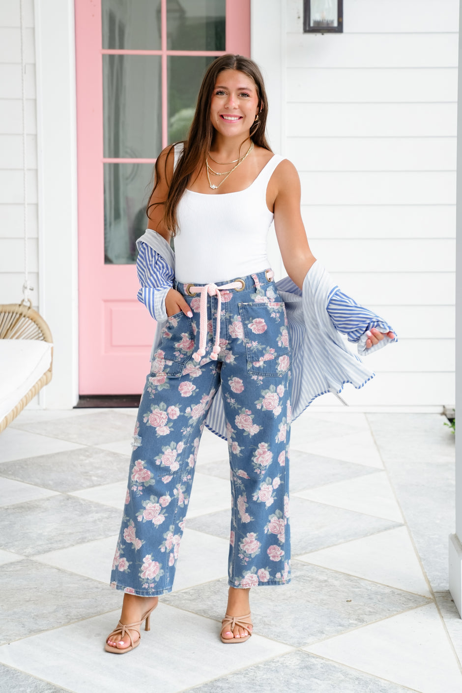 Floral Print Denim Barrel Pants