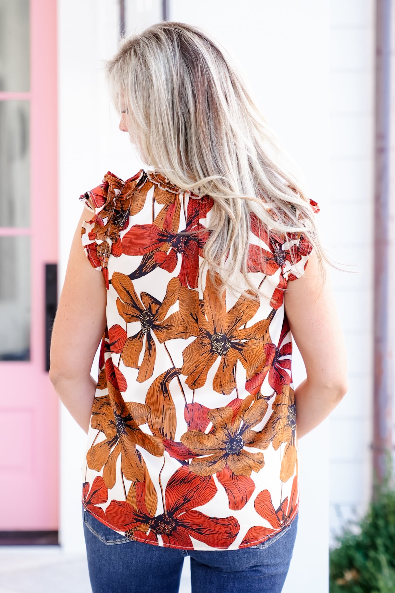 Floral Satin Sleeveless V Neck Ruffle Top