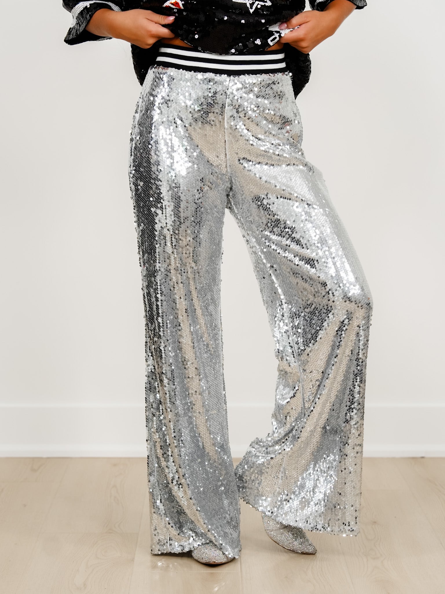 Sequin Elastic Waist Wide Leg Pants - Freckled Poppy