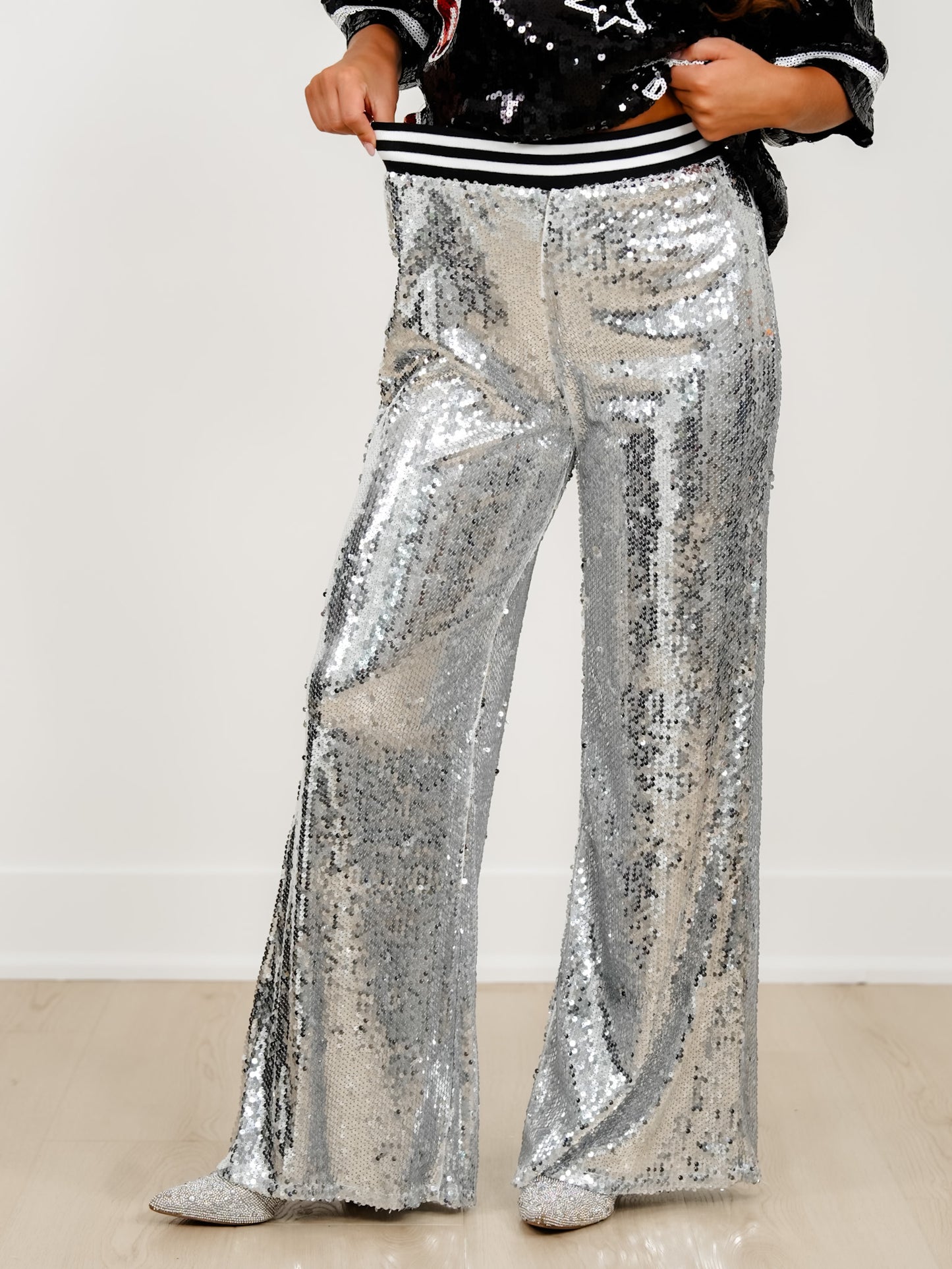Sequin Elastic Waist Wide Leg Pants - Freckled Poppy