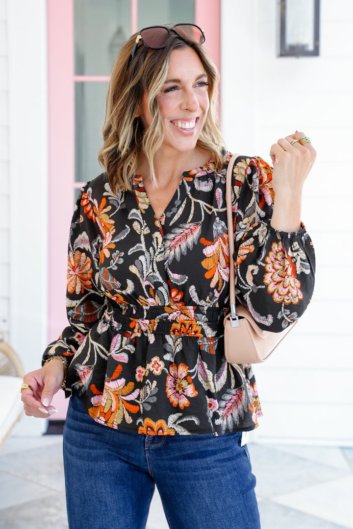 Plus/Reg Floral Print Long Sleeve Peplum Blouse