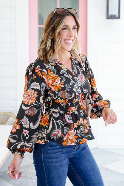 Plus/Reg Floral Print Long Sleeve Peplum Blouse