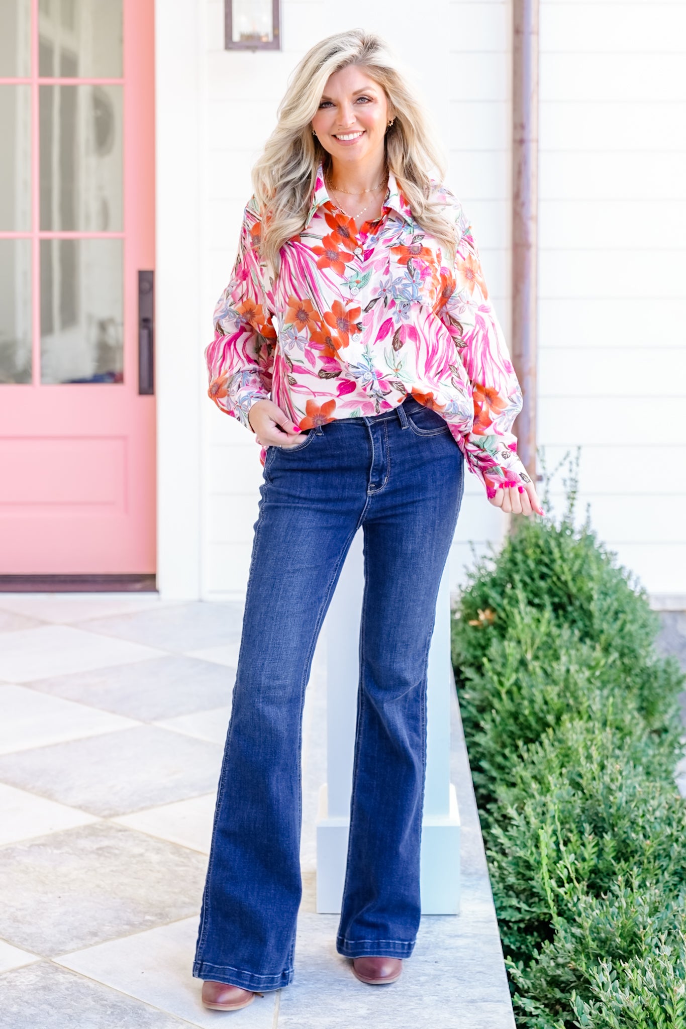 POL Floral Pattern Long Sleeve Button Down Top