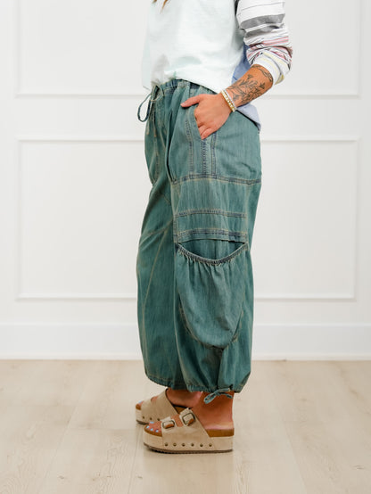 Vintage Wash Elastic Waist Cargo Pants